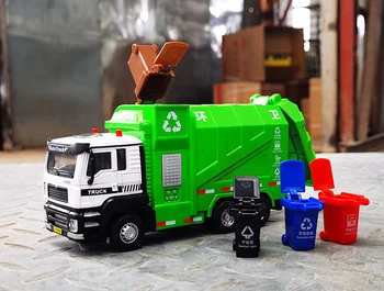 1/50 Градски боклукчийски камион Модел автомобил, монолитен под налягане, За транспортиране на отпадъци, Сортиране, санитарна обработка, Модел на превозното средство, Събиране на звуково светлина, детска играчка