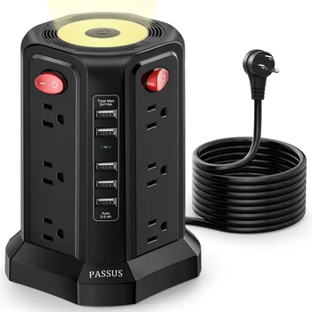 10-крак удължителен кабел с 12 розетки ac, 5 USB порта и ночником, мрежов филтър PASSUS Power Strip Tower