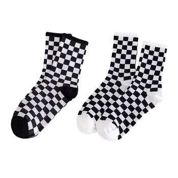 2 чифта-черни чорапи в клетката, всички чорапи от чист памук, зимен тренд, Японски стил, дължина до средата на прасците, класически черно-бял