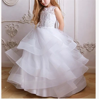 2023 Бели Сватбени рокли с цветя модел за момичета без ръкави за Първо причастие, Елегантна Вечерна рокля с аппликацией от тюл, расшитого мъниста, Бална рокля