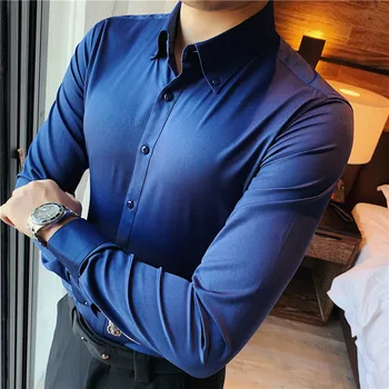 2023 Благородна однотонная универсална мъжка риза, официалната бизнес офис сватбена риза с дълги ръкави, ежедневни социални риза