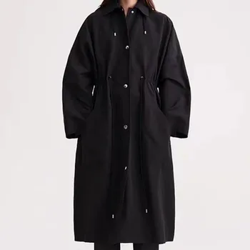 2023 Есен Ново палто с качулка и ревера на съвсем малък, Безплатен Дълъг Черен тренч