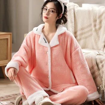 2023 Есенно-зимния фланелевый топло пижамный комплект, Женски домашен костюм с дълъг ръкав, Пижама с Дълги кадифени изолирана пижамные комплекти M-2XL
