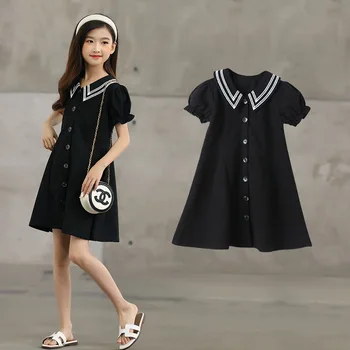 2023 Лятото опрятное корейското отдолу рокля за малки момичета, черни рокли на принцеси с пищни ръкави за тийнейджъри 3, 4, 5, 6, 7, 8, 9, 10, 12 години