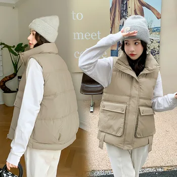 2023 Нов дамски жилетка Chalecos Para Mujer, есенно-зимна корейската версия, Свободно Палто Maga с джоб, Модно Палто с цип, сохраняющее топло