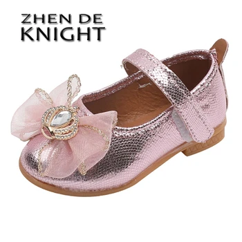 2023 Нови Летни Обувки на Принцесата с лък за малки момичета; Мека подметка; Детски кожени обувки с куки и вериги; Танцови обувки с кристали;