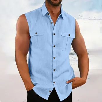 2023 Нови мъжки ризи, Проста памучен Бельо однотонная риза без ръкави, с ревери, Плажни дрехи, цветни ежедневни Свободни топове