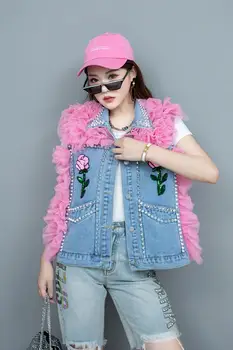 2023 Ново Корейското Ежедневното джинсовое разлика палто без ръкави, с бродерия на цветя, Мрежест деним жилетка в стил мозайка
