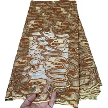 5 Ярда Африканската Завързана кърпа с пайети 2023 Оранжев Цвят, с Висококачествена Френска Нигерийская бродерия, Мрежести тъкани за шивашки на сватбена рокля