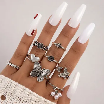 8 бр./компл., Европейски и американски Сребърен комплект пръстени с имитация на пеперуди и перли за жени, Модни бижута и аксесоари