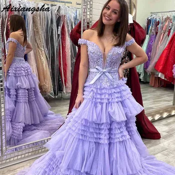 Aixiangsha Вечерна рокля за бала Трапецовидна форма с открити рамене, фатиновые къдри, Многослойна Апликация, Дълги вечерни рокли по поръчка 2023