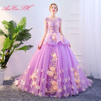 AnXin SH принцеса лилава рокля с дантелено кръгло деколте, илюзия, без ръкави, винтажное, расшитое мъниста, розово, с къдри, бална рокля, вечерна рокля