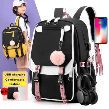 BPZMD Големи училищни чанти за момичета, платно училище раница с USB порт, студентски чанта за книги, черно Розово училище раница за тийнейджъри