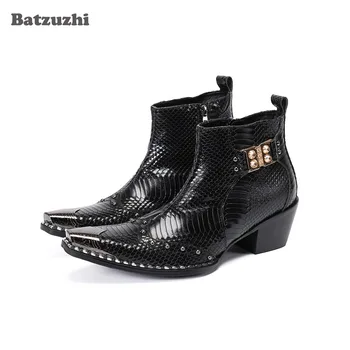Batzuzhi/ Мъжки Ботильоны на висок ток 6,5 см, Черни Обувки от естествена кожа с остър бомбе, Мъжки Botas Hombre, Големи размери 38-46, US6-US12