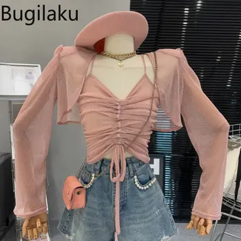 Bugilaku Летните модни комплекти от 2 теми, дамски дрехи, оборудвана камизола дантела, с дълъг ръкав, прозрачни, с външни шевове