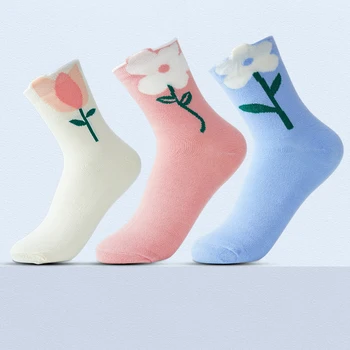 Demisezonnyj Обикновен Цветен принт, Популярни дамски чорапи със средна дължина Дишащи, абсорбиращи потта, Сладък меки ежедневни чорапи за момичета
