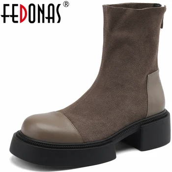 FEDONAS/ Лаконичен женски ботильоны на дебелите обувки, Ежедневни работа в есенно-зимни обувки от естествена кожа с цип отзад Дамски обувки 2023 г.