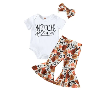 FOCUSNORM/ Летни комплекти дрехи за Новородени Момичета, 3 бр., Гащеризон с къс ръкав и надпис + Панталони-клеш с цветове на тиква, превръзка на главата