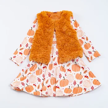 Girlymax/Есенно-зимния кожа жилетка с привидением под формата на тиква за малки момичета на Хелоуин, палто, рокля от млечно коприна, Връхни дрехи, Детски бутиков комплект