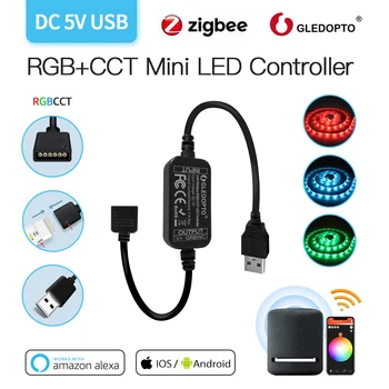 Gledopto Zigbee DC5V Мини контролер RGBCCT 2 м Светодиодна лента Подходящ За подсветката на телевизора Работи С SmartThings SmartLife APP Control