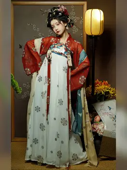 Hanfu в древен стил, Новият китайски стил, Цветен принт, бродерия, Меко дышащее рокля, Национален Пролетно-летен комплект от четири обекта, Дълги