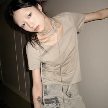 Harajuku Реколта Тениски Y2k с Къс ръкав, Естетичен Бандажный Дизайн, Скъсяване на Върховете Gyaru, Лятна Ежедневни Свободна Дамски Дрехи 2000-те Години