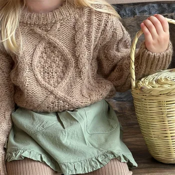 HoneyCherry/ детски монофонични свободен пуловер с кръгло деколте за момчета и момичета, есенно-зимния вязаный пуловер в ретро стил