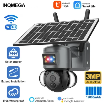 INQMEGA 3MP SASHA Слънчева Камера, WIFI Външна Камера за Сигурност На Слънчеви Батерии Цветна Камера за Нощно Виждане PIR Датчик за Движение, Светлина Алекса Goolge