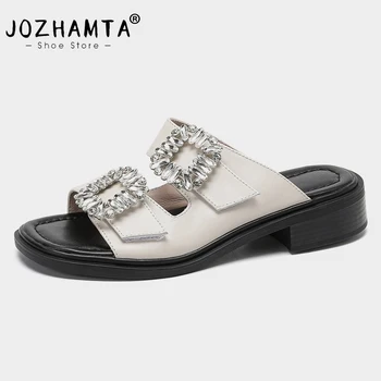 JOZHAMTA, Размер 34-39, Сандали-чехли, Дамски Луксозна лятна обувки на нисък ток с кристали, 2023, Чехли от естествена кожа, Домашни пързалки