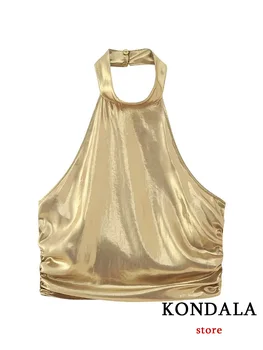 KONDALA/ Чубрица Шик дамски блузи на бретелях, Златист Монофонични Монтиране топ с цип с отворен гръб, Кратък Тънък Най-Новата Мода 2023, Лятна Жилетка