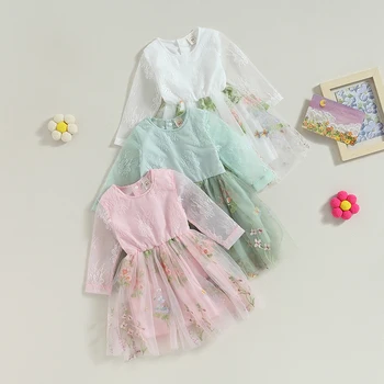 Listenwind/Есен рокли за малки момичета от 6 до 5 години, Дантелено рокля с дълъг ръкав и кръгло деколте и цветна бродерия, Детска рокля от тюл