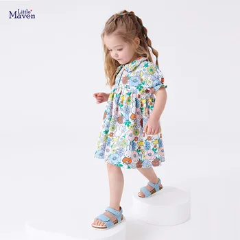 Little maven/ 2023, Лятна Рокля с флорални принтом за Малки Момичета, Памучен Детски Ежедневни облекла, Красиви Дрехи за деца на 2-7 години