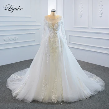 Liyuke Елегантна Сватбена рокля Русалка 2 в 1, красиви апликации, beading, перли, сватбени рокли дантела