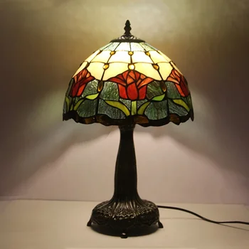 LongHuiJing Уникален червен цвят на лале 12-инчов лампа от витражного стъкло Настолна лампа в стил Тифани с основа от с сплав