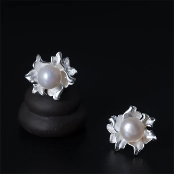 MeiBaPJ Истинско Сребро S925 Проби, персонални обеци с перлата на цвете, изискани модни Вечерни Сватбени бижута за жени YHT
