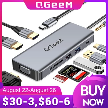 QGeeM C USB Хъб за Macbook Pro Air с Две Устройства, Четец за карти, HDMI, VGA, Micro SD, Aux PD OTG, Мулти USB-хъб на 3.0, Адаптер Type C за Лаптоп