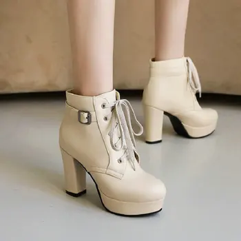 QPLYXCO/ Дамски обувки на платформа за зрели жени, по-Големи Размери 33-48, Дизайнерска Марка Луксозни дамски обувки на висок блок Ток, Ботильоны за езда в готически Стил
