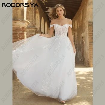 RODDRSYA/ Жена сватбена рокля на Принцеса с открити рамене, Трапециевидное сватбена рокля без ръкави с кружевными апликации, Вечерен халат