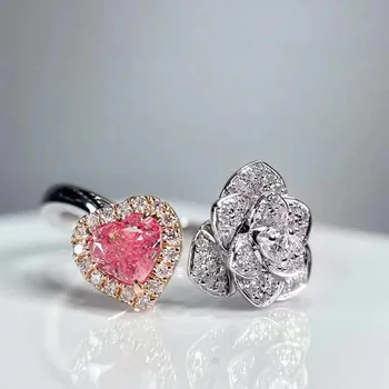 SGARIT бижута 18 карата 0,507 карата камелия във формата на сърце, черешов цвят, Розов диамантен пръстен за жени