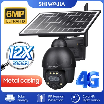SHIWOJIA 4G СИМ Слънчево помещение 6MP 12-кратно УВЕЛИЧЕНИЕ Камера за сигурност на слънчева батерия, WIFI PIR Монитор човек Помещение за слънчева батерия