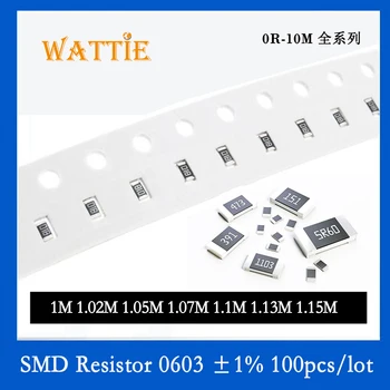 SMD резистор 0603 1% 1 М 1,02 1,05 М М 1,07 М 1,1 М 1,13 М 1,15 М, 100 бр./лот микросхемные резистори 1/10 W 1,6 mm * 0,8 мм
