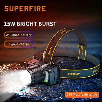 SuperFire HL25, мощна светлина, докосване на прожекторите с вградена батерия, която се презарежда led налобный фенер, лампа за къмпинг, риболов