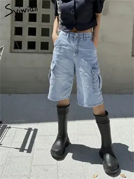 Syiwidii Реколта выстиранные дънкови къси панталони за жени, Лято 2023, Нови корейски модни преки, къси панталони с висока талия, Ежедневни дънкови шорти