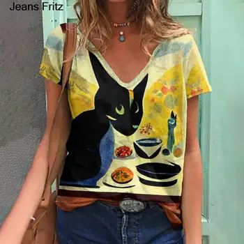 T-shirt imprimé chat mignon pour femme, T-shirt femme, haut, mode, dessin animé, drôle, graphique, Fritz, Harajuku, Ulzzang