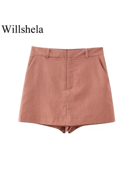 Willshela Дамски Модни Тъмно-червени Мини Пола с цип отпред, Шорти, Реколта дамски къси панталони с висока Талия, Шикозни Дамски къси Панталони