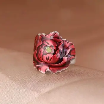 XS Перегородчатое пръстен с голямо цвете на червен божур в 