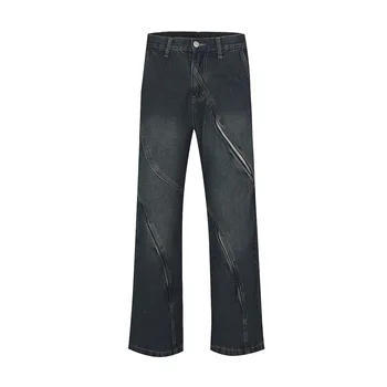 Y2K, выстиранные широки дънки на райе в стил мозайка в ретро стил за мъже, джобове в стил хип-хоп, Ежедневни Свободни панталони-карго, Дънкови панталони големи размери Унисекс