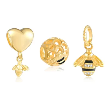 Автентичен S925 Сребро Златен цвят, висулка във формата на сърце и Пчелите, е Подходящ За Жени, Гривна, Направи си сам, Бижутерия, Медальон във формата на пчела, Топчета