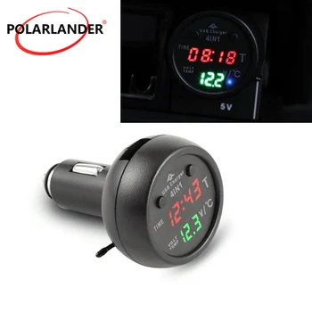 Авто Термометър Часовник LED Дигитален Термометър зарядно устройство за Измерване на напрежение на USB Зарядното устройство за мобилен телефон, Часовник Time 4в1
