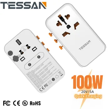 Адаптер за пътуване TESSAN 65 W/100 W GaN по целия свят с бързо зареждане с USB Type-C Универсален захранващ адаптер EU/UK/USA/AUS Plug за пътуване
